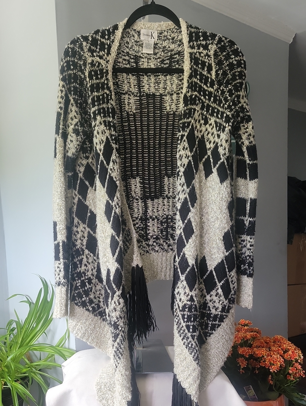 Shana K Black & Cream Open-Front Knit Cardigan Sweater